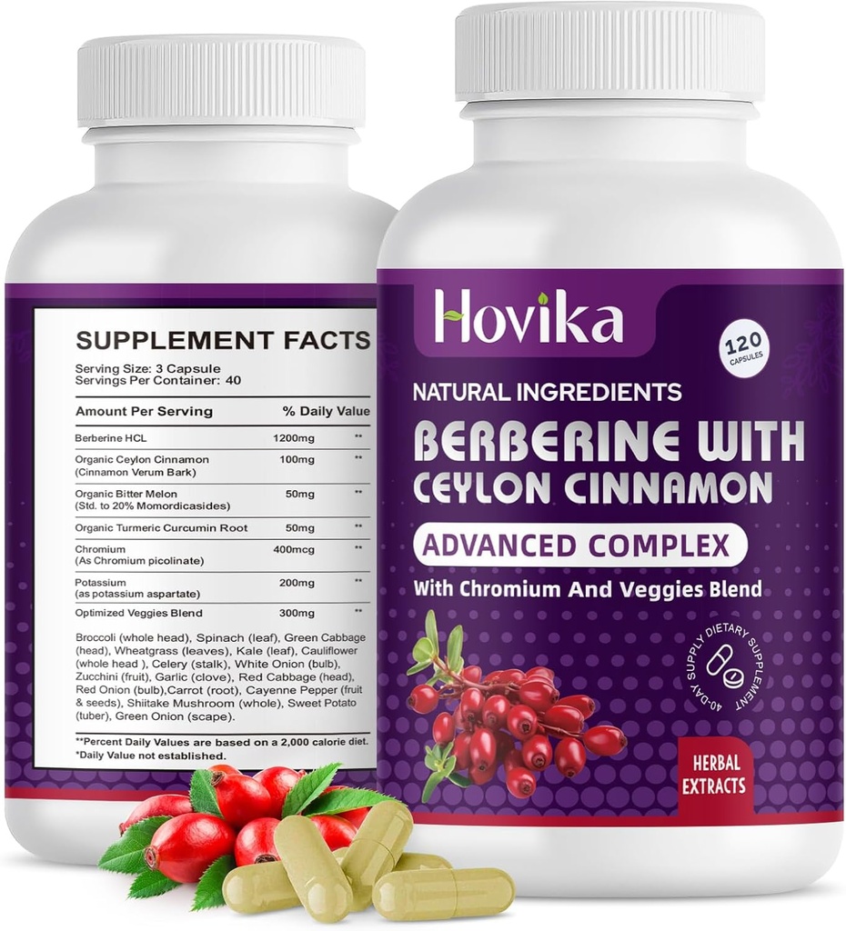 Berberine HCL kapsler 1200 mg - Berberine tillæg med Ceylon kanel, Chrom, Veggies Blend - Understøtter Metabolisme og immunsystem, Gut Health - 120 ct Let at synke Vegan piller