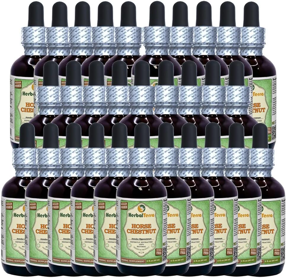 Horse Chestnut (Aesculus Hippocastanum) Glycerite, Organic Dried Nuts Alcohol-FREE Liquid Extract (Brand name: HerbalTerra, Proudly made in USA) 30x2 fl.oz (30x60 ml)
