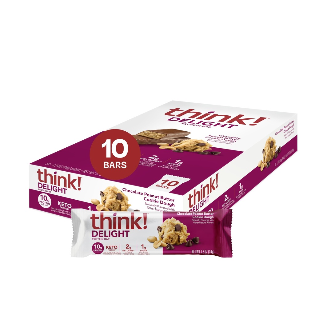 Tænk! Delight, Keto Protein Bars, Sund Lav Carb, Gluten Free Snack - Chokolade Peanut Butter Cookie Dough, 10 Greve (Packaging May Vary)