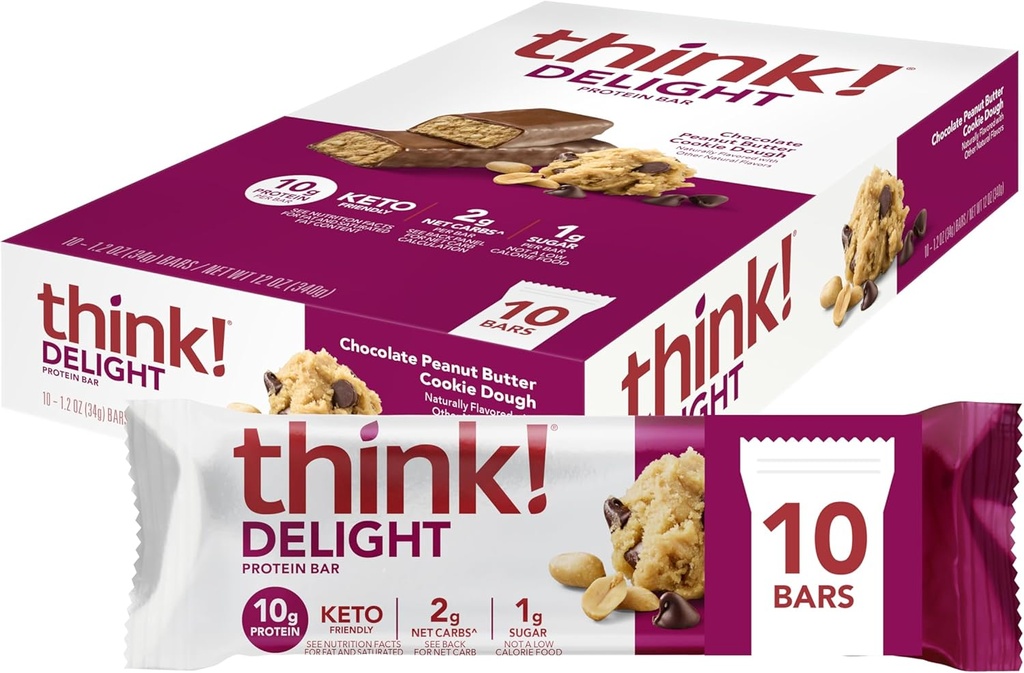 Tænk! Delight, Keto Protein Bars, Sund Lav Carb, Gluten Free Snack - Chokolade Peanut Butter Cookie Dough, 10 Greve (Packaging May Vary)
