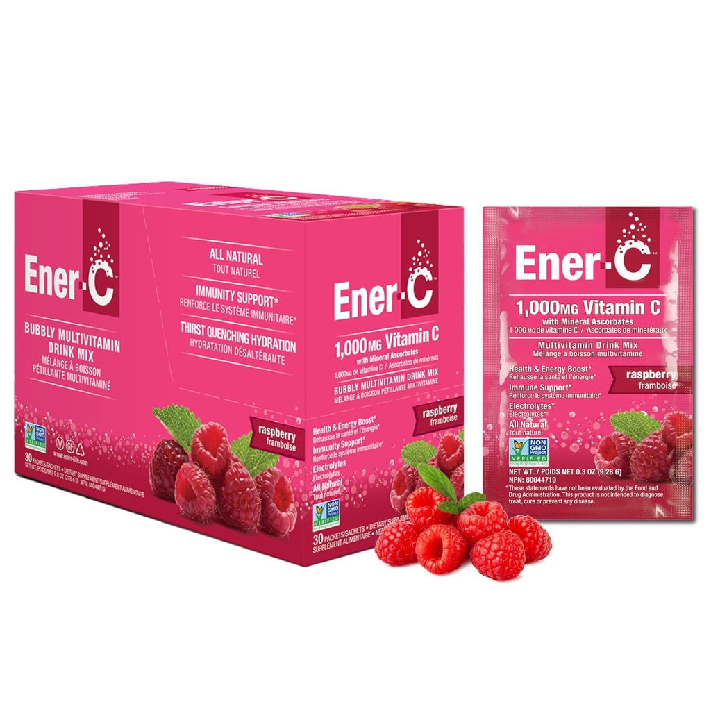 Energi- C Raspberry Multivitamin Drink Mix Powder Vitamin C 1000mg & Elektrolyter med Real Fruit Juice Natural Energy & Immune Support til kvinder & Mænd - Non- GMO Vegan & Gluten Free - 30 Greve