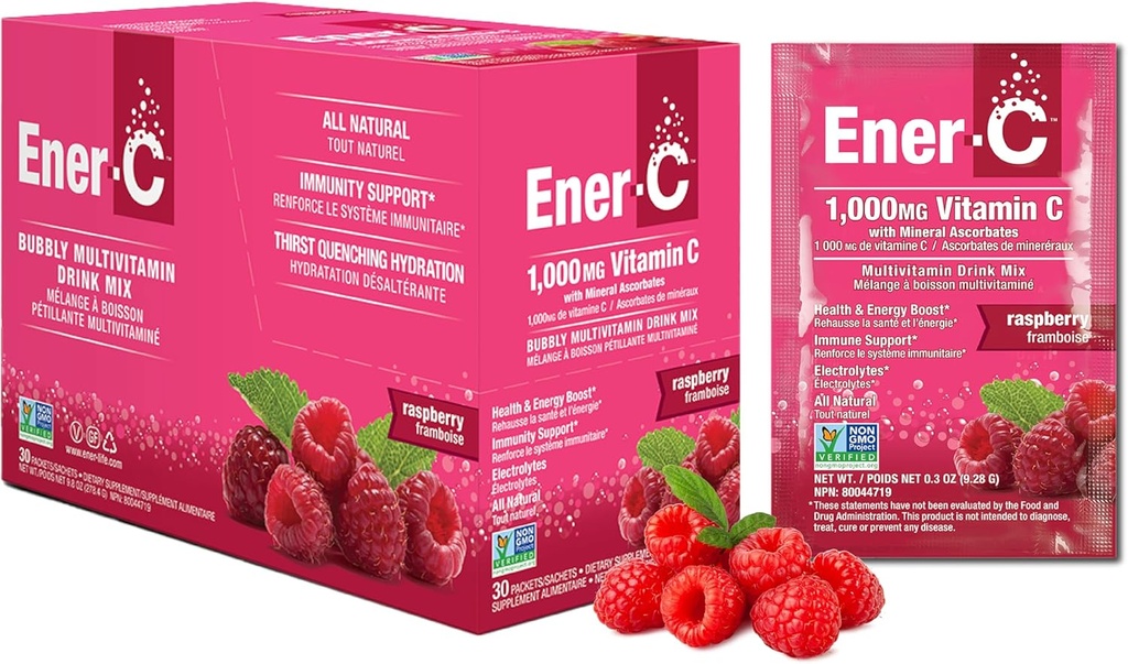 Energi- C Raspberry Multivitamin Drink Mix Powder Vitamin C 1000mg & Elektrolyter med Real Fruit Juice Natural Energy & Immune Support til kvinder & Mænd - Non- GMO Vegan & Gluten Free - 30 Greve