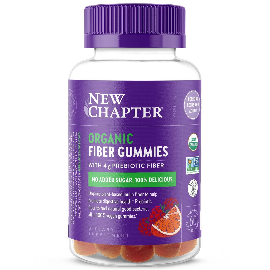 Nyt kapitel Organisk Fiber Gummies for voksne & Børn (alder 4 +), Plant- baseret Prebiotic Fiber for fordøjelsessygdomme, Vegan, Non- GMO, USDA Organic, Gluten Free, Citrus- Berry Flavored, 60 ct