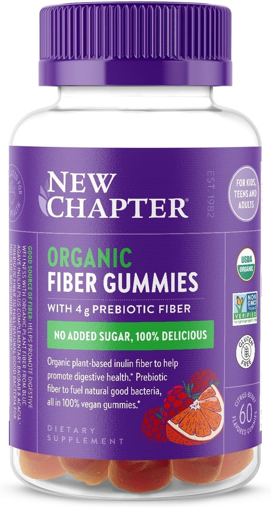 Nyt kapitel Organisk Fiber Gummies for voksne & Børn (alder 4 +), Plant- baseret Prebiotic Fiber for fordøjelsessygdomme, Vegan, Non- GMO, USDA Organic, Gluten Free, Citrus- Berry Flavored, 60 ct