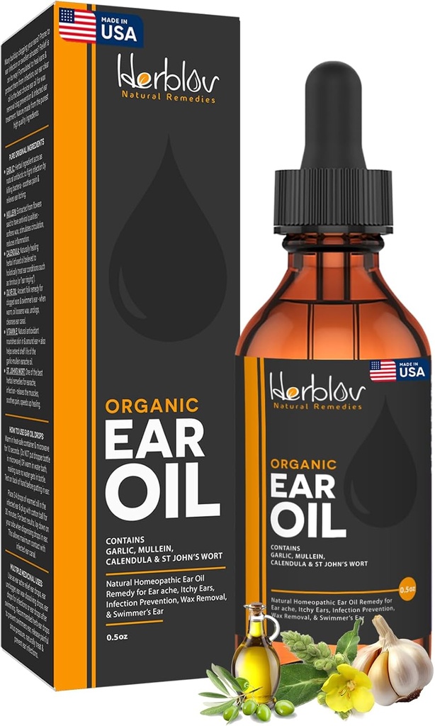 Organic Ear Oil for Ear Infektioner - Natural Eardrops for Infektion Prevention, Swimmers Ear & Wax Removal - Børn, Voksne, Baby, Hunde Earache Remedy - med Mullein, Hvidløg, Calendula, Made in USA