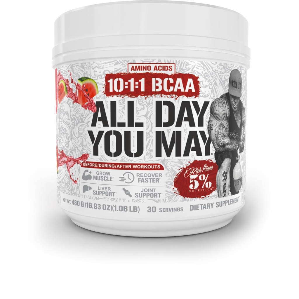 5% Nutrition Rich Piana AllDayYouMay BCAA Powder Б124; Premium Intra & Post Workout Aminosyrer, EAA, Electrolytes Б124; Hydration, Endurance, Recovery Б124; Vegan & Keto Б124; 16,9 oz, 30 Srvgs (Watermelon)