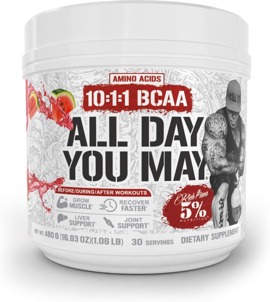 5% Nutrition Rich Piana AllDayYouMay BCAA Powder Б124; Premium Intra & Post Workout Aminosyrer, EAA, Electrolytes Б124; Hydration, Endurance, Recovery Б124; Vegan & Keto Б124; 16,9 oz, 30 Srvgs (Watermelon)