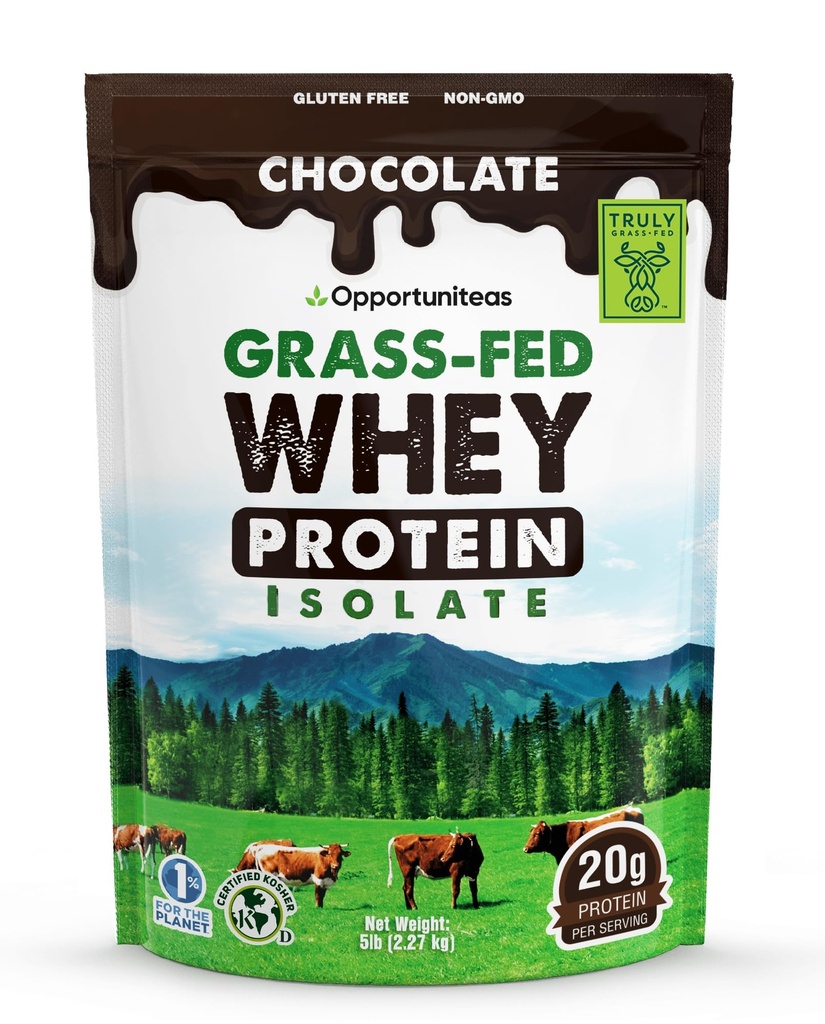 Opportuniteas Grass Fed Chocolate Whey Protein Isolate Powder - 20g Protein Powder uden kunstige sødestoffer, Hormon-Free Cows, Ikke GMO - 5lb