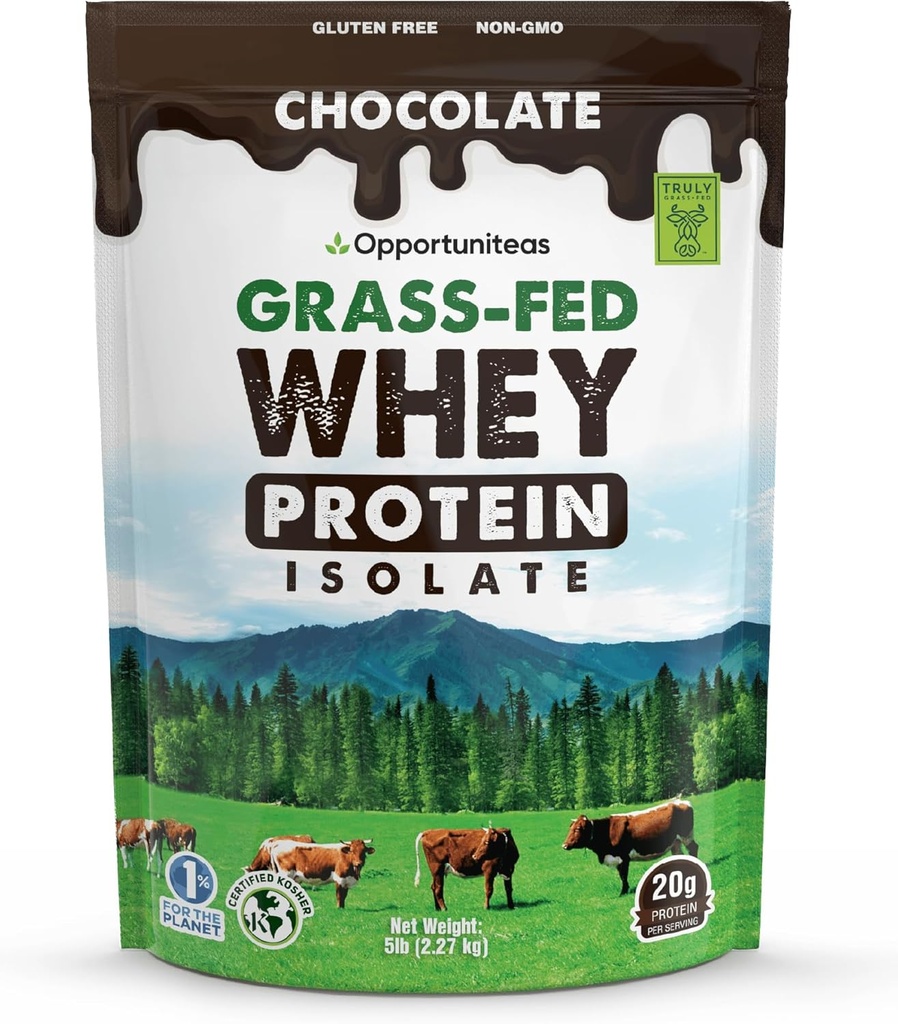 Opportuniteas Grass Fed Chocolate Whey Protein Isolate Powder - 20g Protein Powder uden kunstige sødestoffer, Hormon-Free Cows, Ikke GMO - 5lb