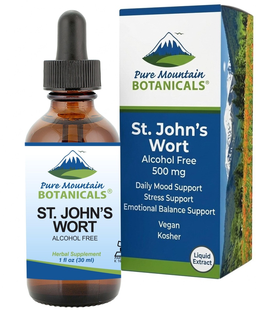 Pure Mountain Botanicals St Johns Wort Tinktur - Kosher Liquid St. John 's Wort Alkohol- Free Extract 500mg Vegan Supplement