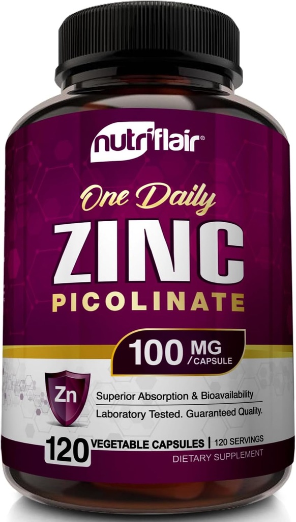 NutriFlair Zink Picolinate 100mg, 120 kapsler - Vegan, Non- GMO, Lavet i USA, Third- Party Lab Testet