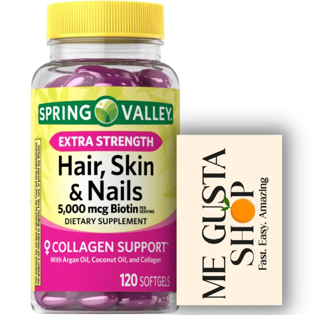 Ekstra styrke Hår, Hud og negle Kosttilskud Spring Valley Supplement, Biotin, Collagen, Gelatine 120 ct Inkluderer Pille Organizer