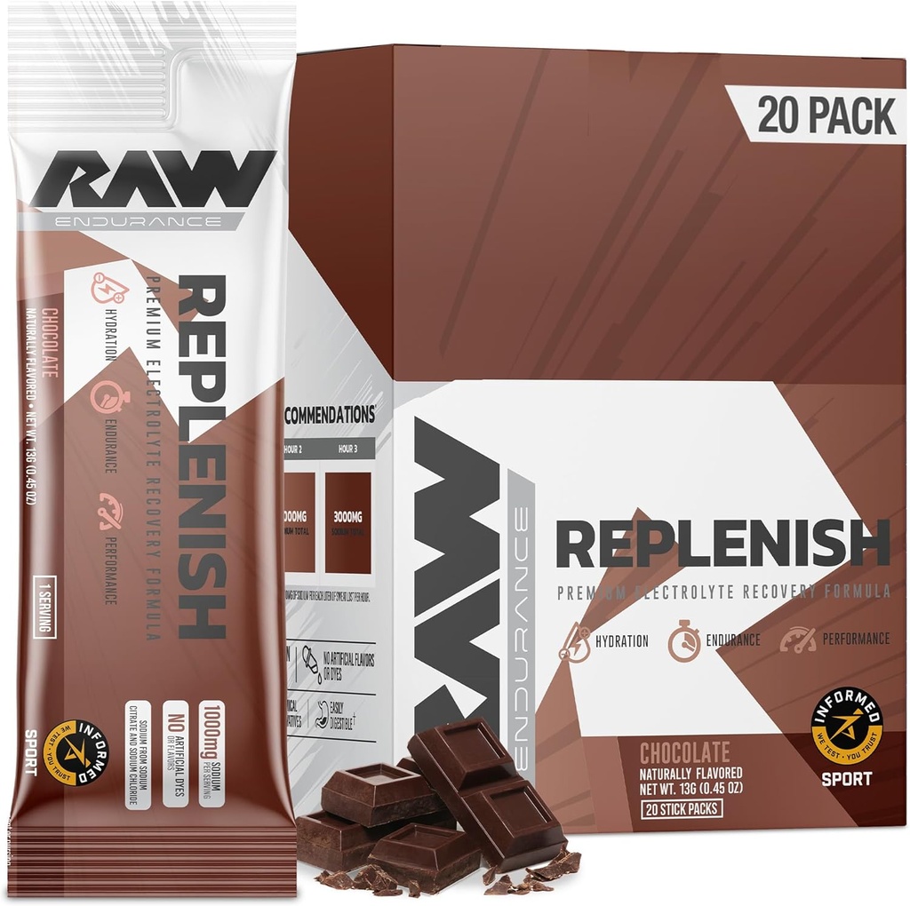 RAW Replenish pakker, Premium Electrolytes Powder Recovery Formel, Chokolade (20 Stick Packs) - Smagsfyldt Electrolyte Drink Mix til hydrering, Replenison, Endurance & Performance Workouts