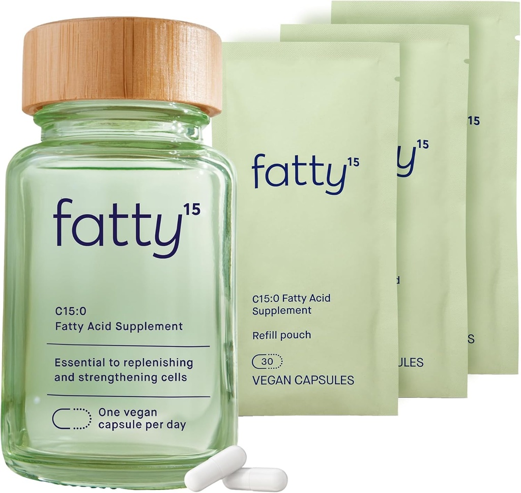 Fatty15 C15: 0 Pentadecansyre supplement Longevity Nutrient - 90 Vegan kapsler - 3x Cellular Fordele ved Fish Oil Omega 3 Kosttilskud - Gut Sundhed, Leverstøtte, & Mitokondriel Sundhed