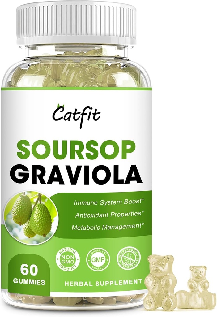 Soursop Graviola Gummies, Soursop blade Uddrag Urter til immunboost, Antioxidant og Samlet Sundhedsstøtte, Soursop Frugt, High- Absorption, Gluten Free, Vegan, 60 Gummies