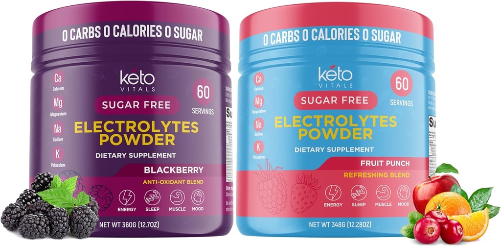 Keto Vitals BlackBerry Bundle med Fruit Punch - 2 Pack Bundle Keto Electrolytes Powder - Keto-Friendly Electrolytes med Kalium, Magnesium, Natrium, Calcium - BlackBerry & Fruit Punch