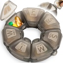 Round Weekly Pill Organizer, TPU Rubberized, Travel Pill Container 7 Dag, med 7 store kompartmenter, Great for daglige vitaminer & kosttilskud, Cute Pill Case med store bogstaver og braille (Grå)