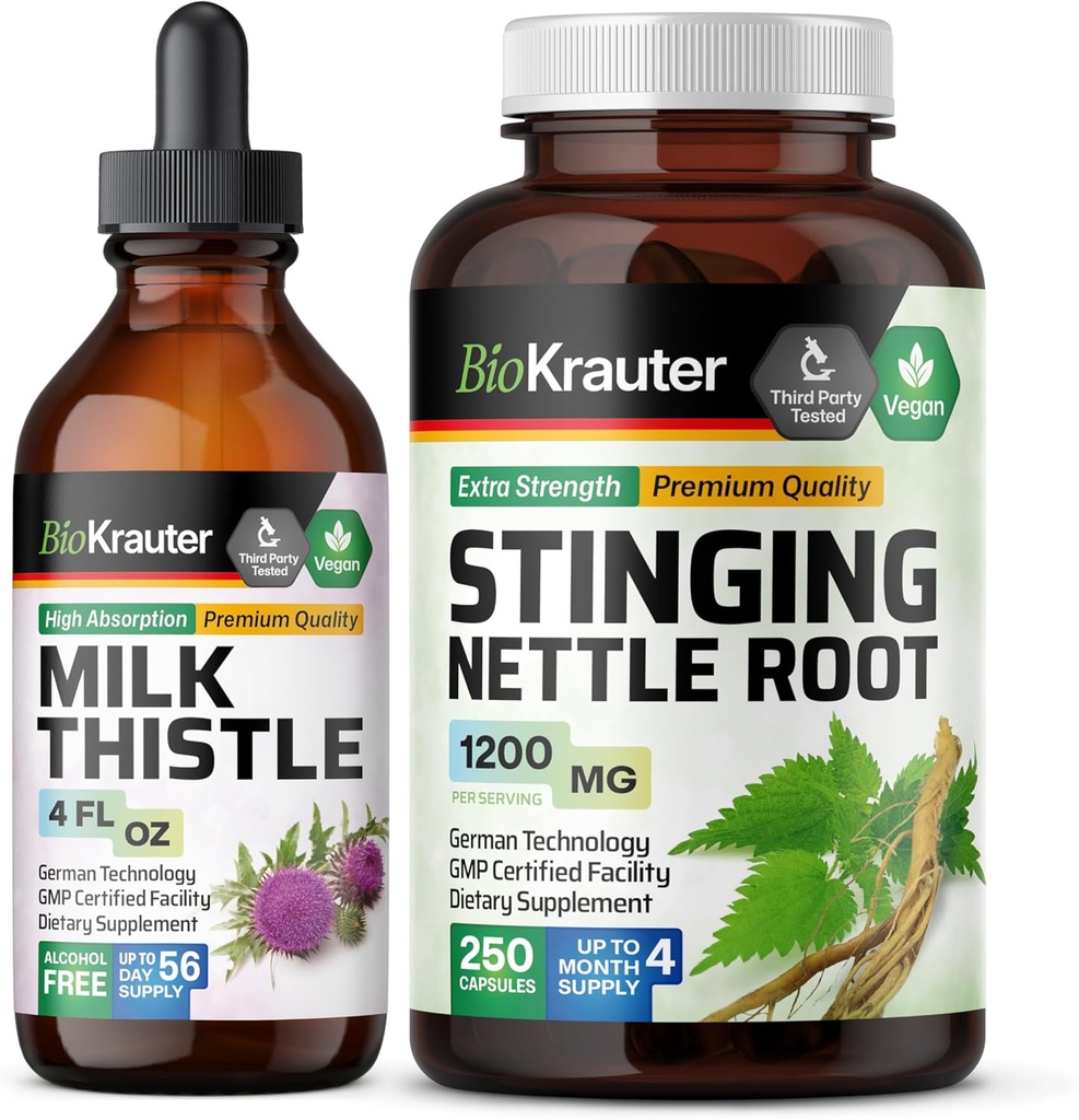 BIO KRAUTER Milk Thistle Tinktur 4 Fl. Oz. & Stinging Nettle 250 Kapsler