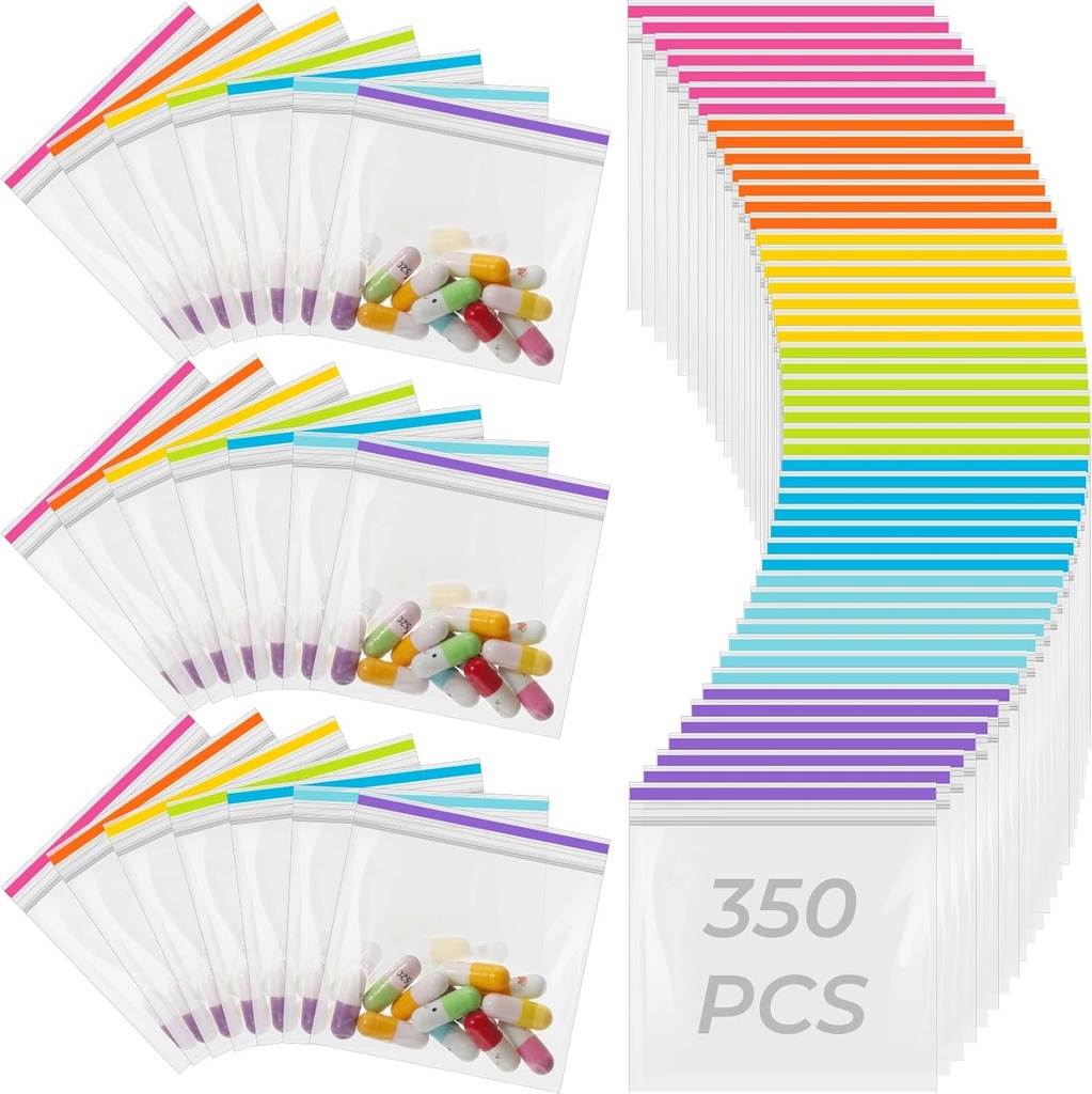 Fulmoon 350 Pcs Bulk Pill Pouch Tasker Disponible 7 Farver Zipper Pills Bag Daily Travel Medicine Organizer Storage Pouches Clear Genbruges til små genstande Opbevaring (Candy Farver)