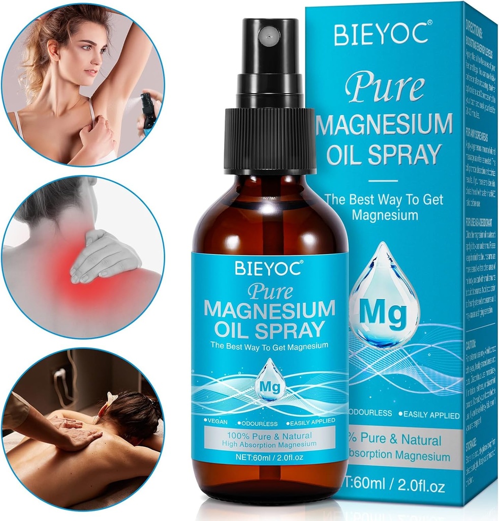Magnesium Spray, 100% Pure & Organic Natural Magnesium Oil Spray til Feet Glaskolbe, Lindrende Relief & Afslapning, Let at Absorb og Brug
