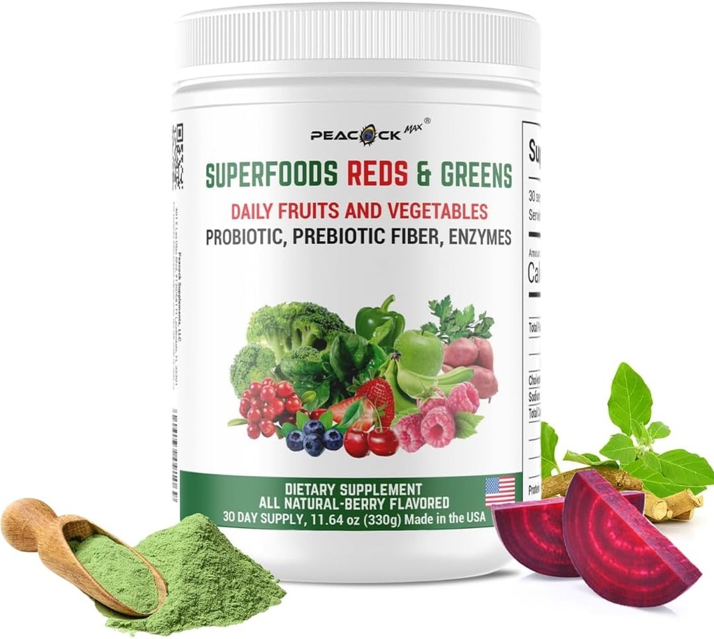 Superfood Red & Greens Powder - 11.64 oz, Prebiotika & Probiotika til fordøjelsessygdomme, Super Green Powder med Ashwagandha til Gut Health, Immunitet, Antioxidanter, Vegan, Non- GMO