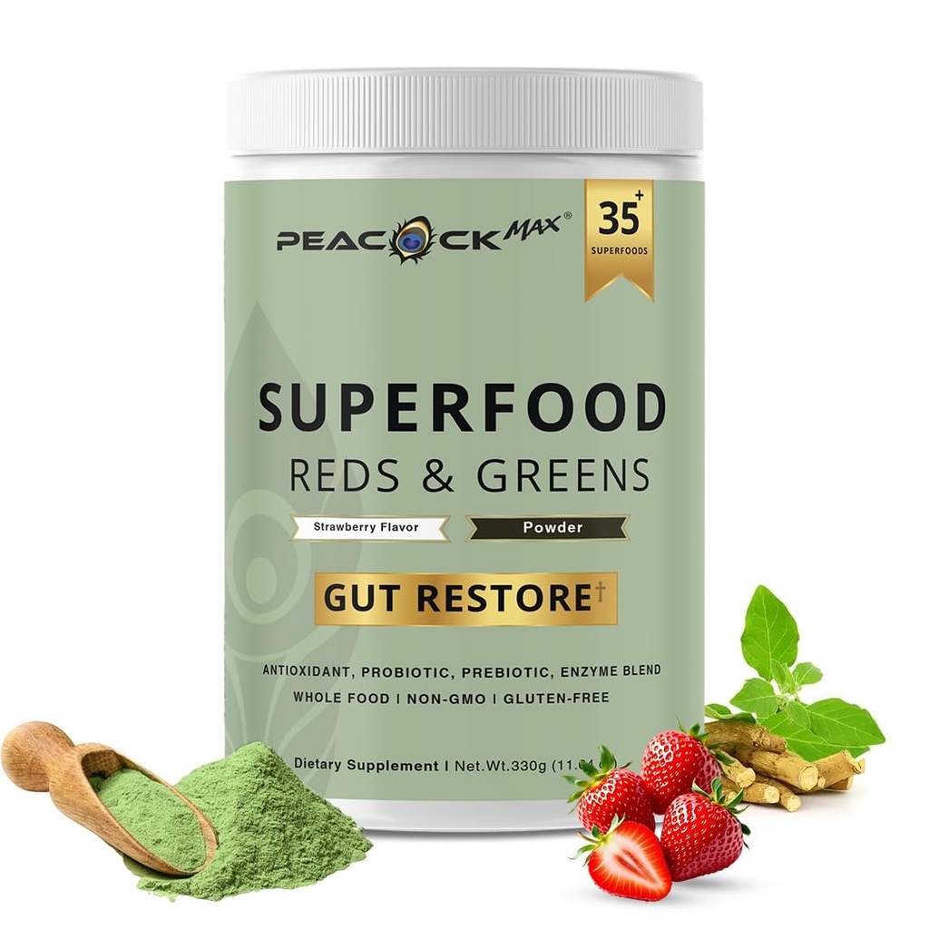 Superfood Red & Greens Powder - 11.64 oz, Prebiotika & Probiotika til fordøjelsessygdomme, Super Green Powder med Ashwagandha til Gut Health, Immunitet, Antioxidanter, Vegan, Non- GMO