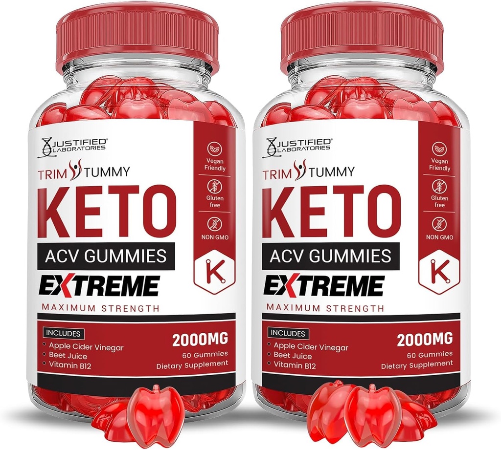 Justified Laboratories (2 Pack Trim Tummy Keto ACV Gummies Extreme 2000MG Trim Tummy Keto Gummies Apple Cider Vinagar Formuleret med Pomegranate Beet Juice Powder B12 Vegan Non GMO 120 Gummys