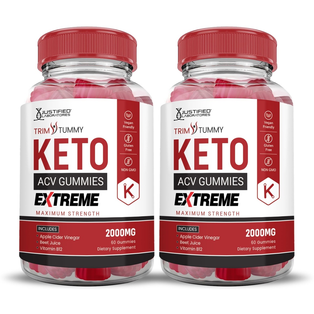 Justified Laboratories (2 Pack Trim Tummy Keto ACV Gummies Extreme 2000MG Trim Tummy Keto Gummies Apple Cider Vinagar Formuleret med Pomegranate Beet Juice Powder B12 Vegan Non GMO 120 Gummys