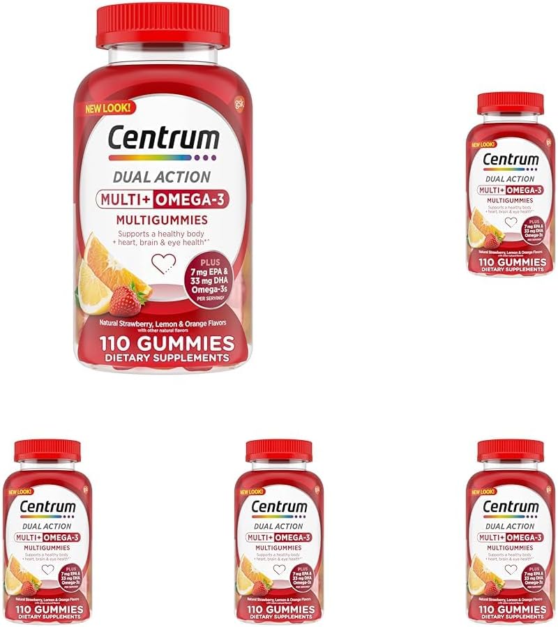 Centrum MultiGummies Multi + Omega 3 Dual Action, Voksen Multivitamin, Multivitamin / Multimineral / Omega 3 Supplement, Jordbær / Lemon / Orange Flavors - 110 greve (pakke med 5)