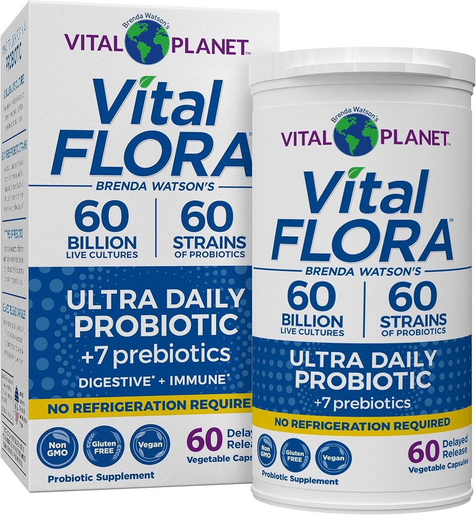 Vital Planet - Vital Flora Ultra Daily Probiotic 60 Millioner CFU, 60 Diverse Strops, 7 Organic Prebiotics, immunforsvar, fordøjelsessygdomme Hylde Stabil Probiotika for kvinder og mænd 60 Kapsler