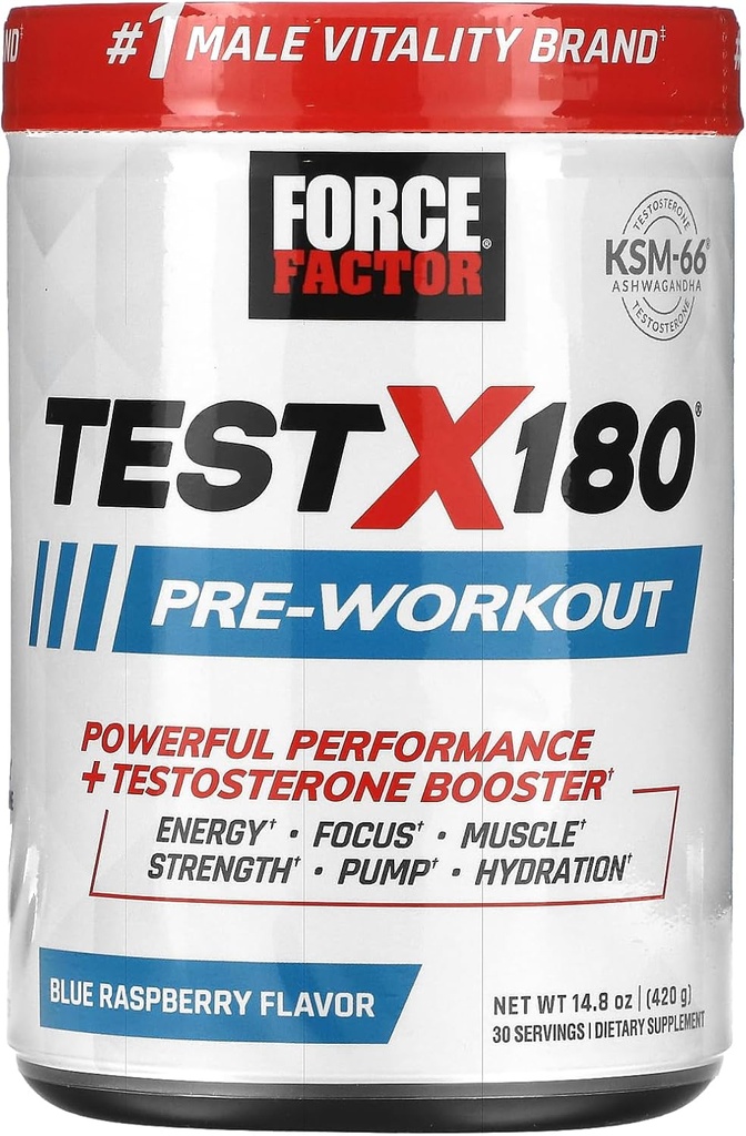 FORCE FACTOR Test X180 Pre- Workout Powder & Energy Supplement, Boost Focus & Endurance, Build Muscle & Strength, nitrogenoxid tillæg med Ashwagandaha & L- Citrulline, Blå Hindbær, 30 Serveringer