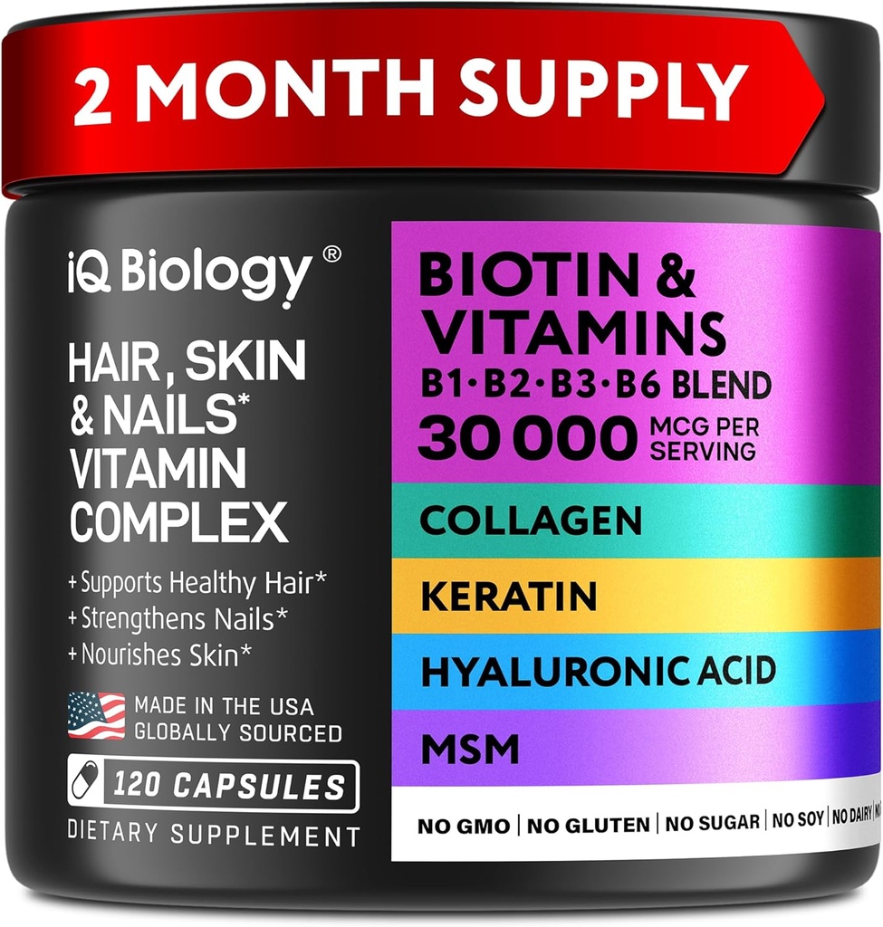 Biotin til hårvækst Kvinder & Mænd med Keratin, Collagen Complex 30000 mcg - Kapsler til hårtab & stærkere tykkelse - Hud og negle Vitaminer, Biotin 10000mcg og Collagen kosttilskud - 120 piller