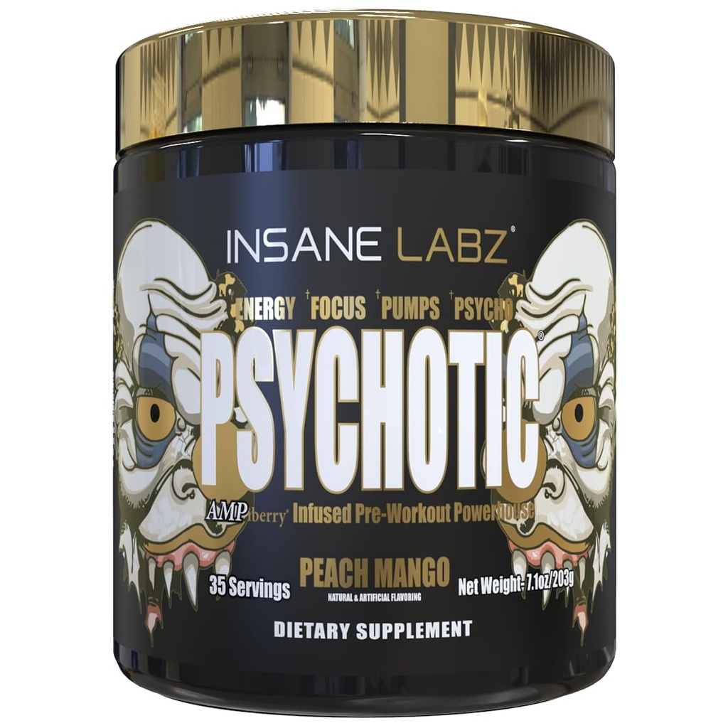Insane Labz Psykotisk Guld, High Stimulant Pre Workout Powder, ekstrem vedvarende energi, Pumper og udholdenhed med Beta Alanine, DMAE Bitartrate, NO Booster (35 Servere, Peach Mango)