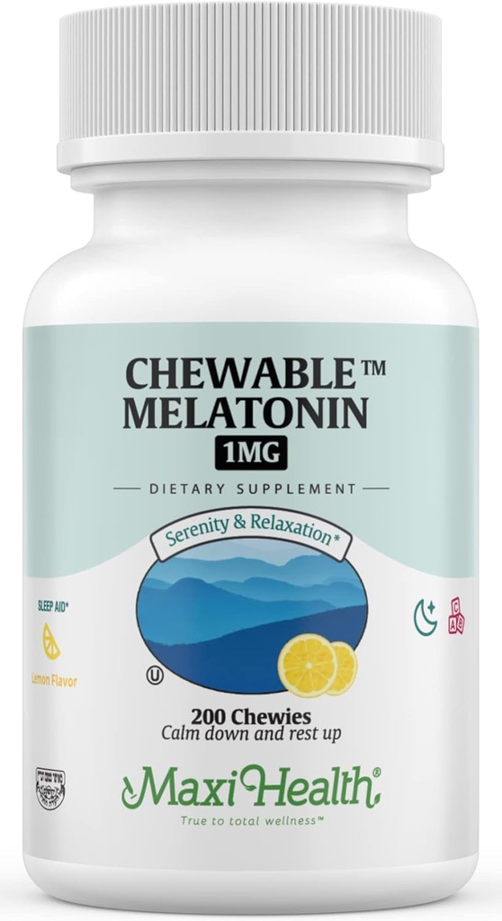 Maxi Health Chewable Melatonin, Kosher Lemon Flavor, Melatonin for Adults & Kids, Natural Aid for Adults & Children, Melatonin Chewables Alternative to Melatonin Gummies Kids Dose, (200 Count)