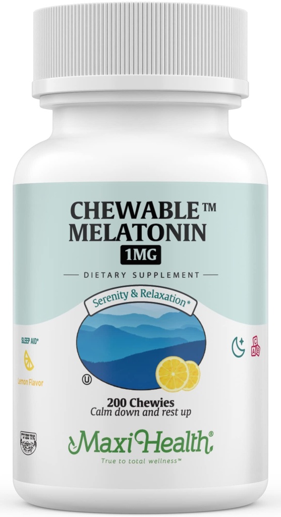 Maxi sundhed Chewable Melatonin, Kosher Lemon Flavor, Melatonin til voksne & børn, Naturhjælp til voksne & børn, Melatonin Chewables Alternativ til Melatonin Gumies Kids dosis, (200 Tæl)