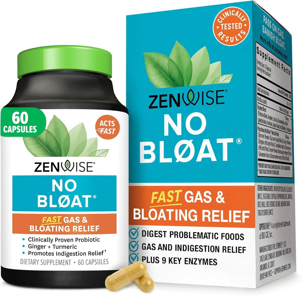 Zenwise Health No Bloat fordøjelsesenzymer til Gut Health, Gas & Bloating Relief - Multi Enzymes fordøjelse tillæg med probiotika, Ingefær, gurkemeje Mælkebøtte & Lactase - Mænd og kvinder - 60 Greve