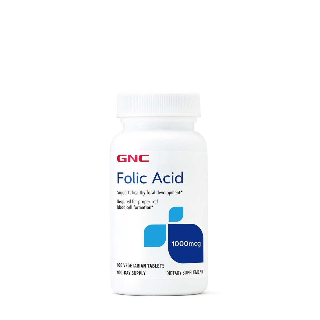 GNC folinsyre 1000mcg, understøtter sund foster udvikling, kræves for korrekt dannelse af røde blodceller, Vegetarisk formel, 100 Greve