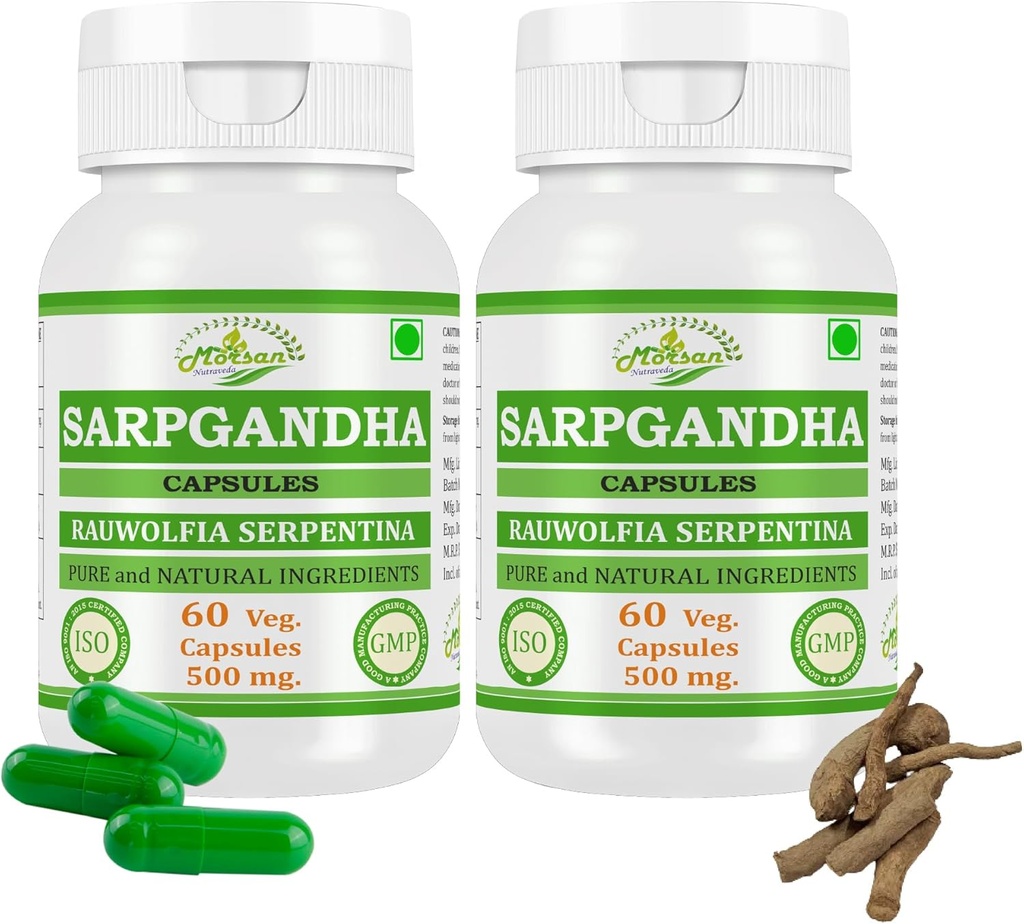 Morsan Nutraveda 's Rauwolfia Serpentina (Sarpgandha, Sarpagandha) Uddrag Kapsler 124; Højeste Kartoffel, 100% Herbal Produkt Buddy 124; Pack af 60 X 500 mg. Veg. Kapsler (Pack af 2 Jar)