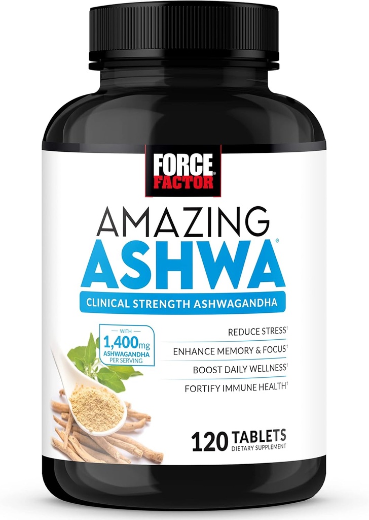 FORCE FACTOR Amazing Ashwa, KSM- 66 Ashwagandha tillæg til stress relief, fokus, hukommelse, immunforsvar, med vitaminer, mineraler & antioxidanter, Cortisol Kosttilskud til kvinder, 120 tabletter