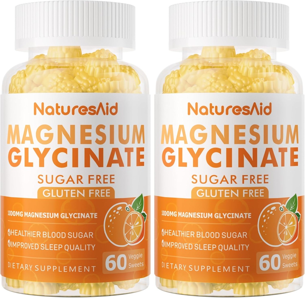Magnesium Glycinat Gummies 1000mg - Sugar Free Magnesium Kalium Supplement med D-vitamin, B6, CoQ10 til Calm Mood & Sleep Support - 120 Orange Gummies -2 Pack
