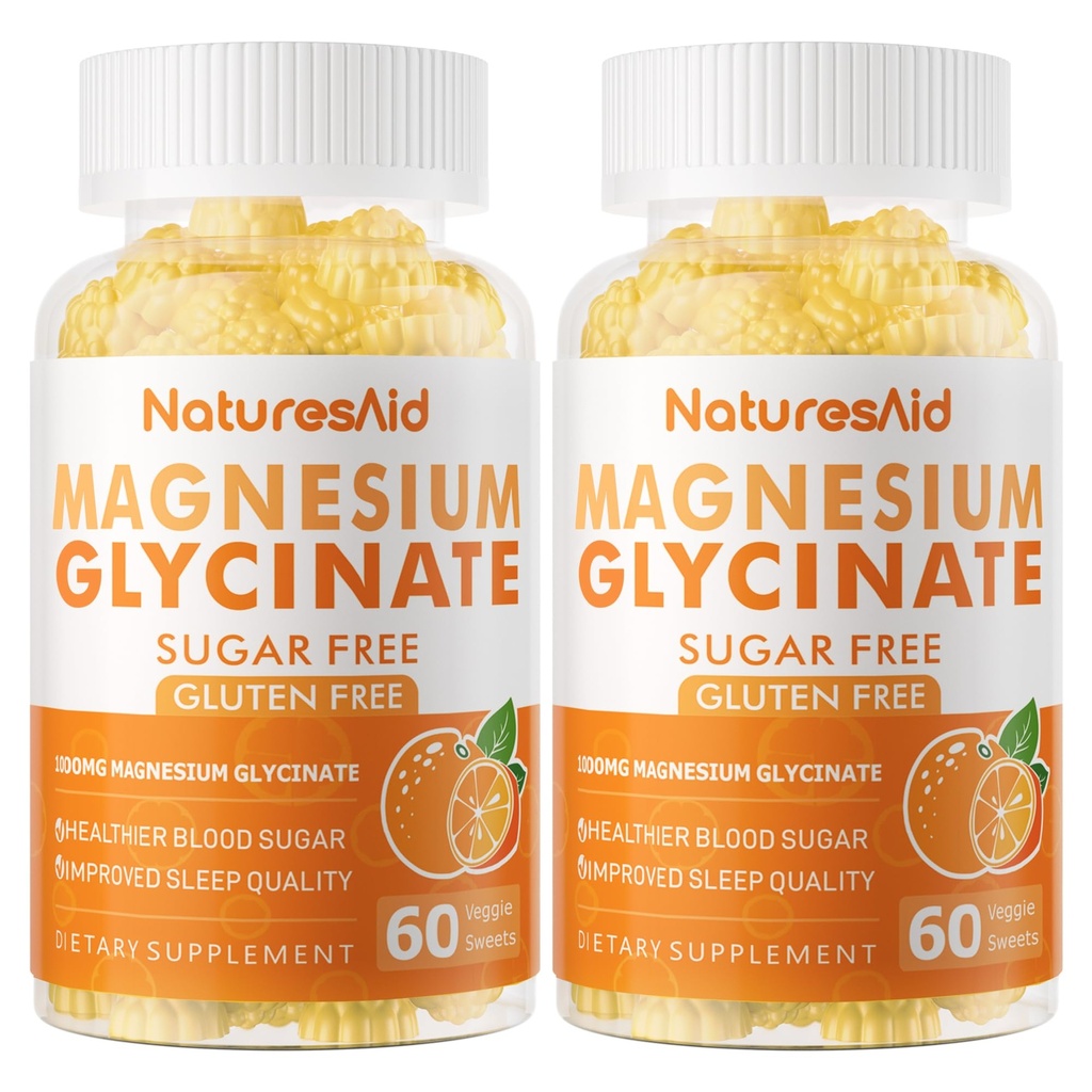 Magnesium Glycinat Gummies 1000mg - Sugar Free Magnesium Kalium Supplement med D-vitamin, B6, CoQ10 til Calm Mood & Sleep Support - 120 Orange Gummies -2 Pack