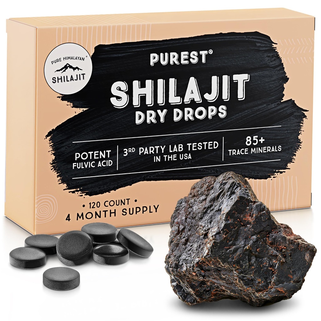 Pure Himalayan Shilajit Dry Drops, 100% Pure Natural Shilajit, Grad A, Max Potency 85 + Clean Trace Minerals & Fulvic Acid for Energy, Metabolisme & immunforsvar Support Supplement til mænd og kvinder (120 faner)