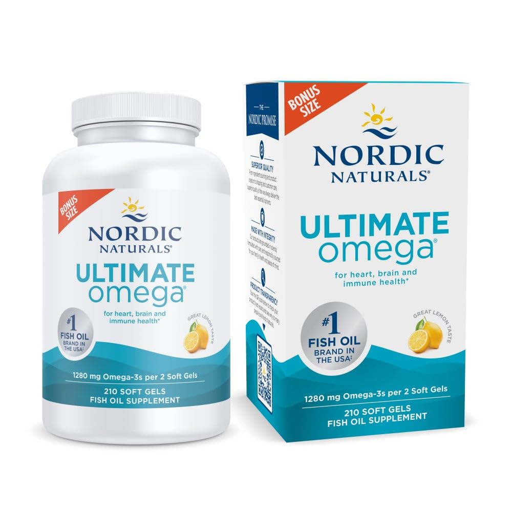 Nordic Naturals Ultimate Omega, Lemon Flavor - 210 Soft Gels - 1280 mg Omega-3 - Højpotens Fish Oil med EPA & DHA - fremmer hjerne & hjerte sundhed - non-GMO - 105 Serveringer
