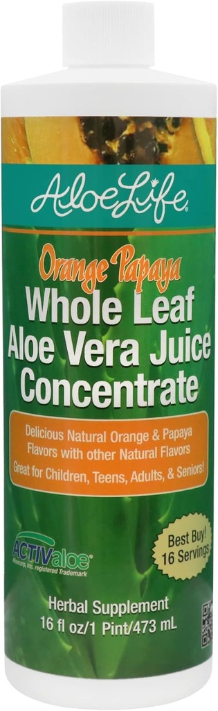 Aloe Life - Whole Leaf Aloe Vera Juic, Certified Organic, Gluten- Free (Orange Papaya, 16 oz)