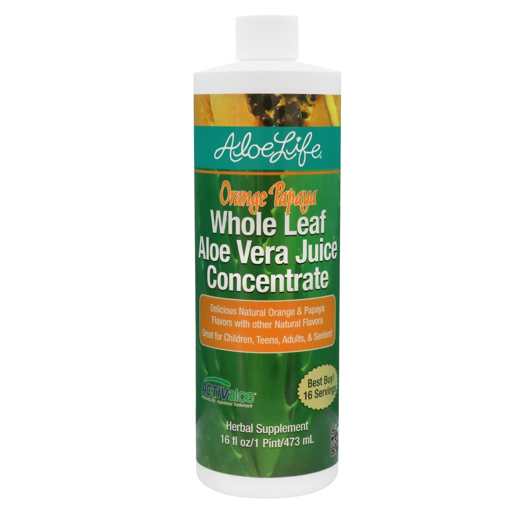Aloe Life - Whole Leaf Aloe Vera Juic, Certified Organic, Gluten- Free (Orange Papaya, 16 oz)