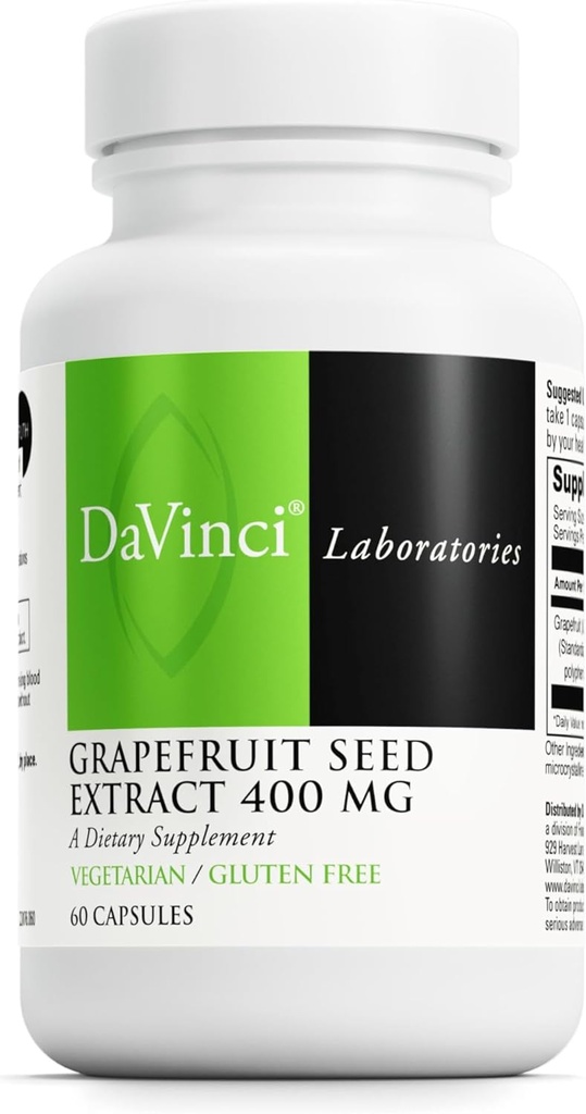 DAVINCI Labs Grapefrugt Seed Extract 400 mg - Understøtter GI & fordøjelsessygdomme Gut Health - Gluten Free, Vegetar - 60 kapsler (30- Day Supply)