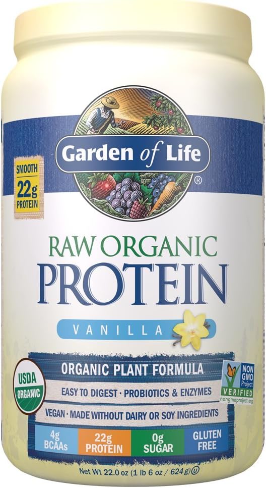 Have of Life Raw Organic Protein Vanilla Powder, 20 Servering - Certified Vegan, Gluten Free, Organic, Non- GMO, Plant Based Sugar Free Protein Ryst med Probiotika & enzymer, 4g BCAA, 22g Protein