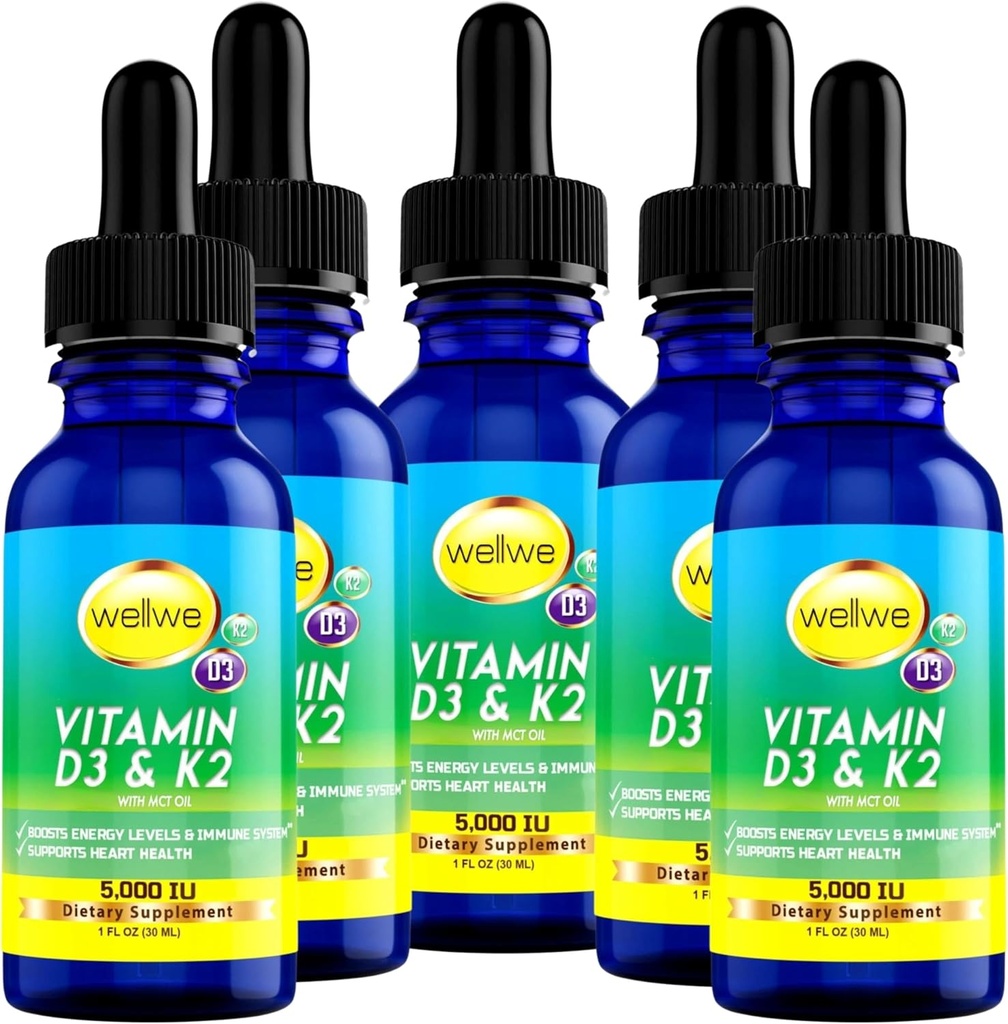 Flydende D3 K2 dråber 5000 IE - Vegan, Ingen smag, Ingen lugt, Soy- Free, Gluten Free, Non- GMO, 1000 IE pr. dråbe, Øger energi niveauer & immunsystem, Understøtter hjerte sundhed (5 Pack)
