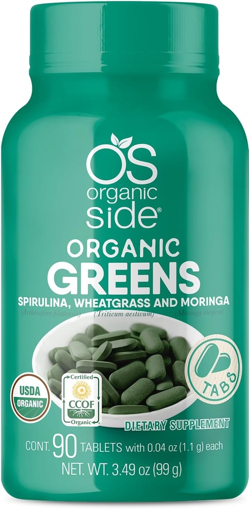 Organic Green (Spirulina, Wheatgrass & Moringa) 90 tabletter - Rich in Vitamin and Minerals - Super Green 1100 mg - Certificeret USDA - Non GMO - Vegan
