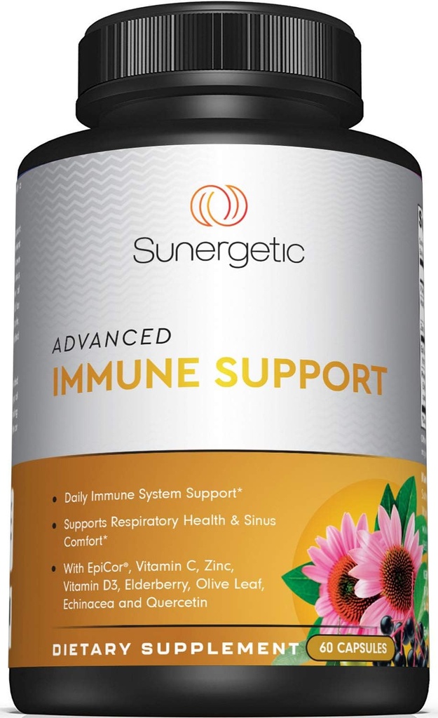 Premium immunsupport - Dagligt immunsupplement for luftveje, Sinus & Gut sundhed - med Epicor, D3, vitamin C, Zink, Elderberry, Olive Leaf Extract & Quercetin- 60 Immunkapsler